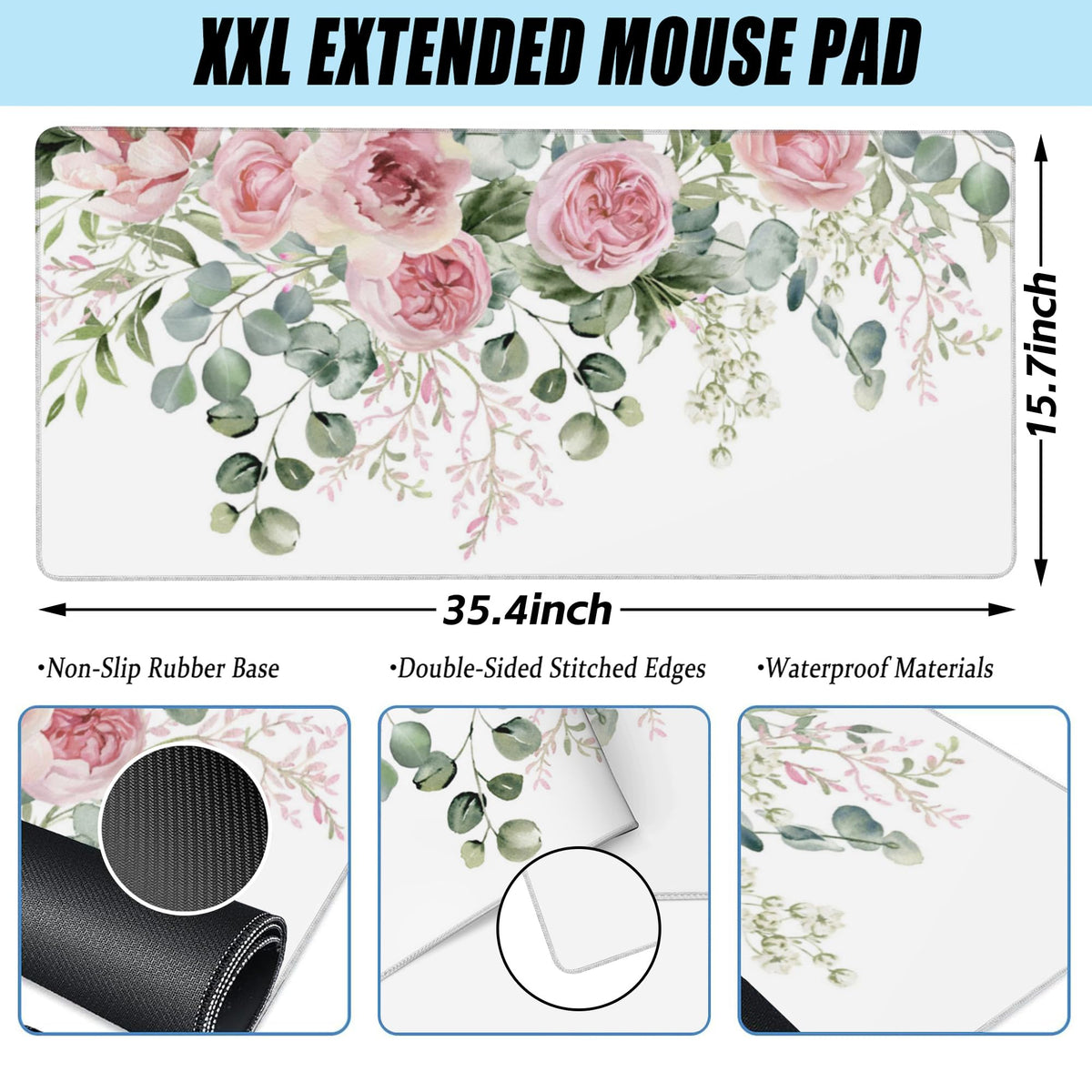 Desk Mat Peony Flowers and Eucalyptus Leaves Large Gaming Mouse Pad for Desk XXL (15.7" x 35.4" / Peony Flowers and Eucalyptus Leaves)