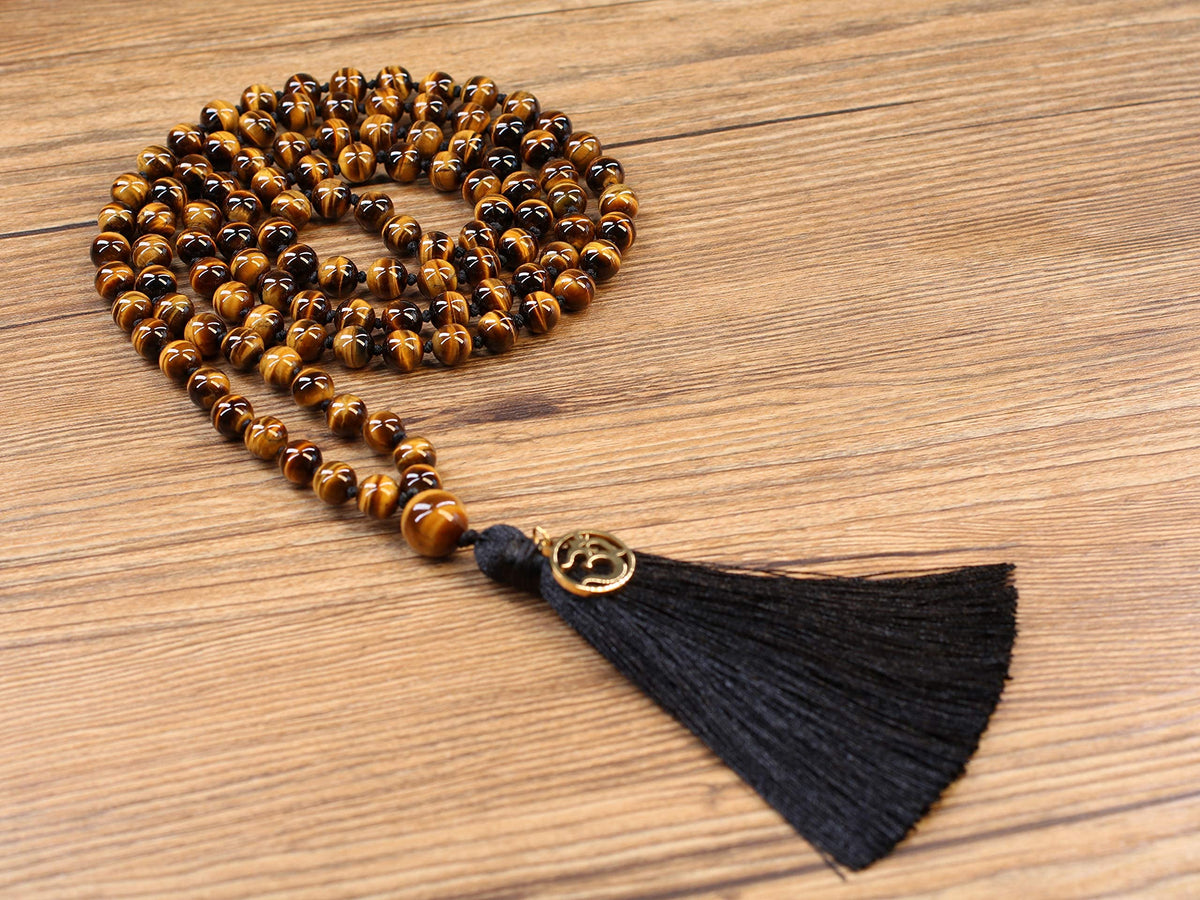OM Charm Hand Knotted Tassel 108 Mala Beads Tiger Eye Stone Beaded Necklace 8mm (8mm / Tiger eye)
