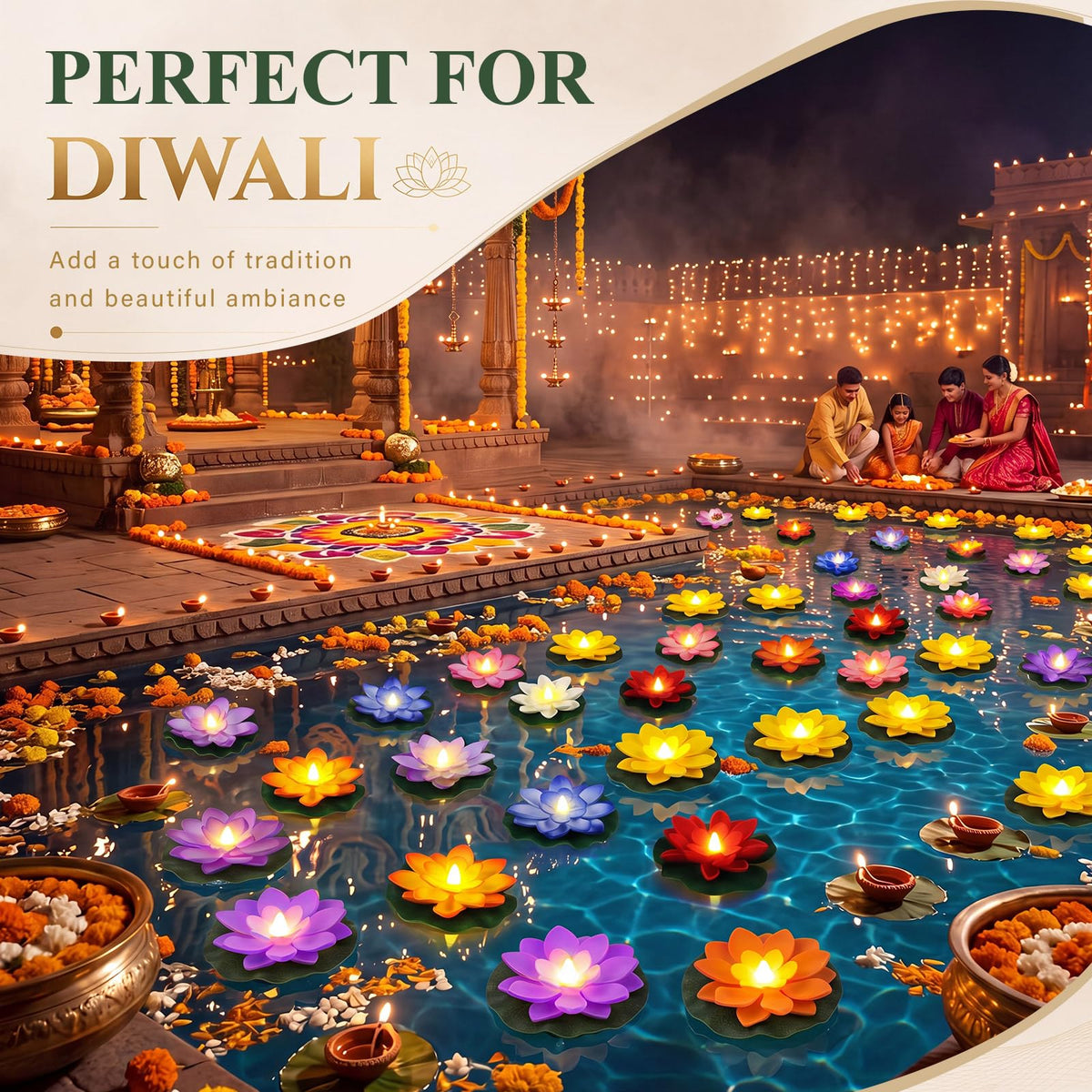 8 Pcs Diwali Floating Lotus Lights (8 Colors / 3.94 Inch)