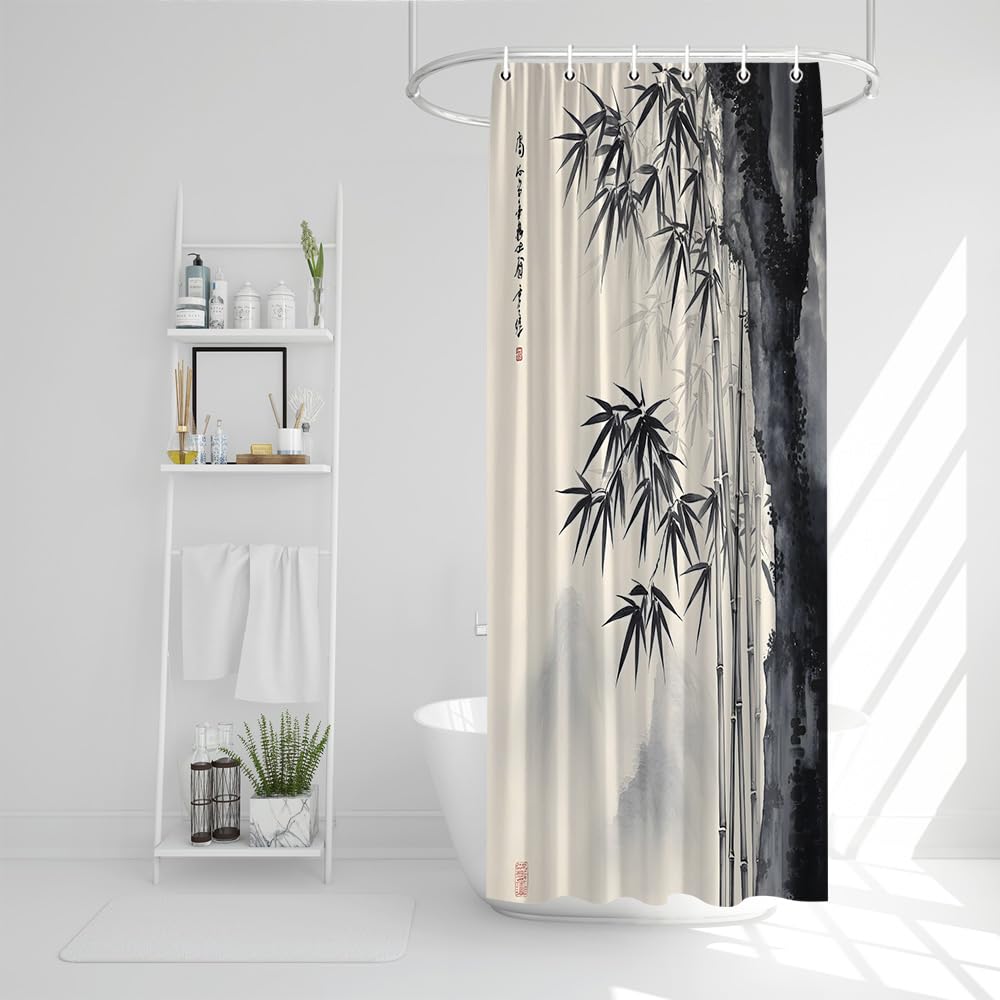 Bamboo Shower Curtain Japanese Mountain Traditional Asian Style with Black and White Ink Painting Oriental Zen Bathroom Decor Polyester Curtains with Hooks (Grey / 47"W x 70"L (Pack of 1))