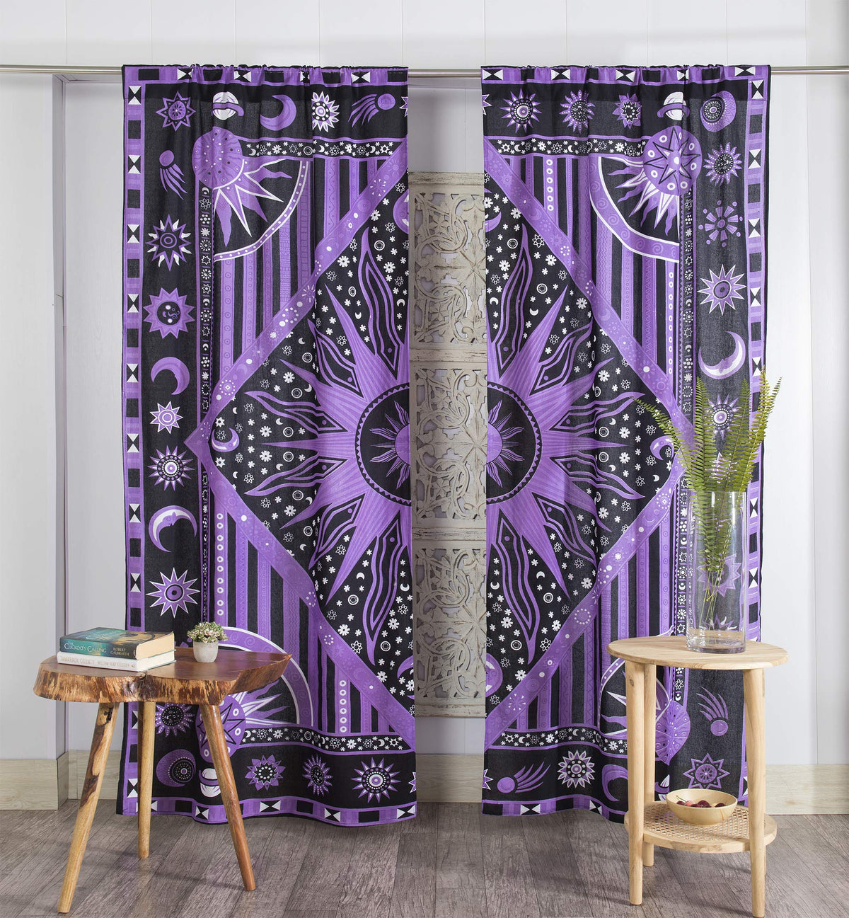 Indian Burning Sun Hippie Mandala Window Curtains (25"W x 74"L (Pack of 2) / Purple)