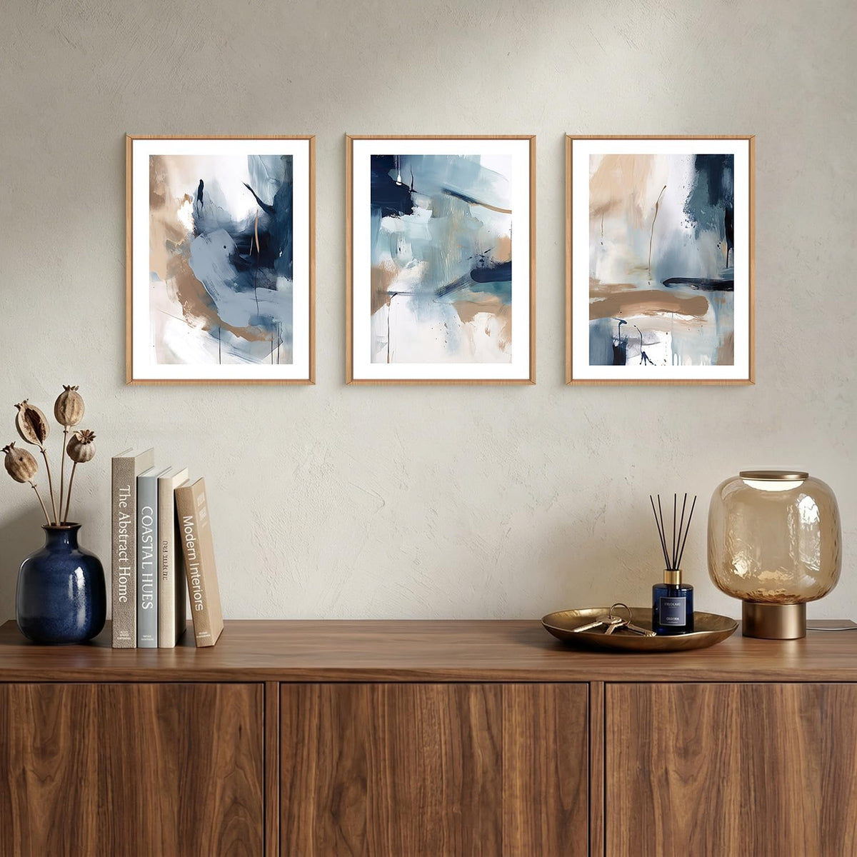 Abstract Navy Blue Framed Canvas Wall Art (Modern Blue and Brown Wall Art / 12''x16''x3)