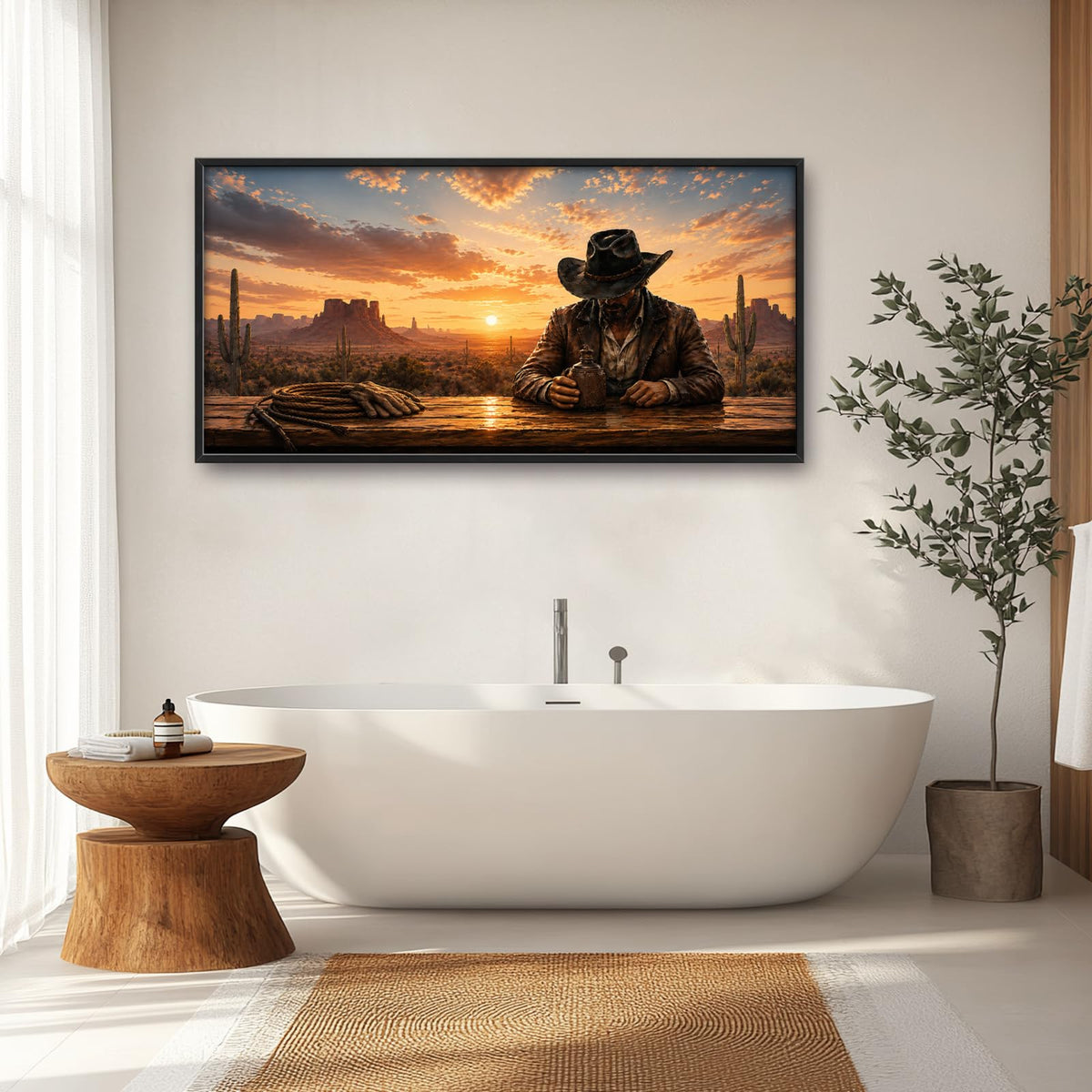 Large Framed Western Cowboy Wall Art Coffee Sunset Decor 60"x30" (Western Cowboy / 60"L x 30"W)
