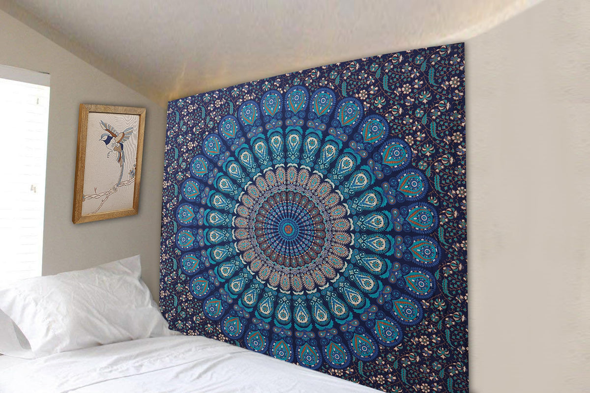 Handmade Cotton Peacock Mandala Tapestry (40"L x 30"W / Navy Blue)