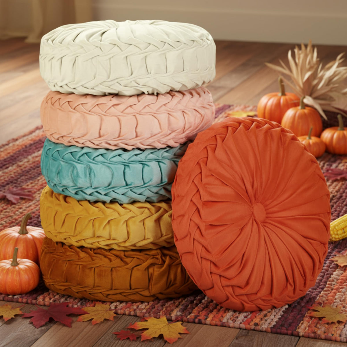 6 Pcs 15" Round Velvet Floor Cushions for Kids (Saffron Yellow Color)