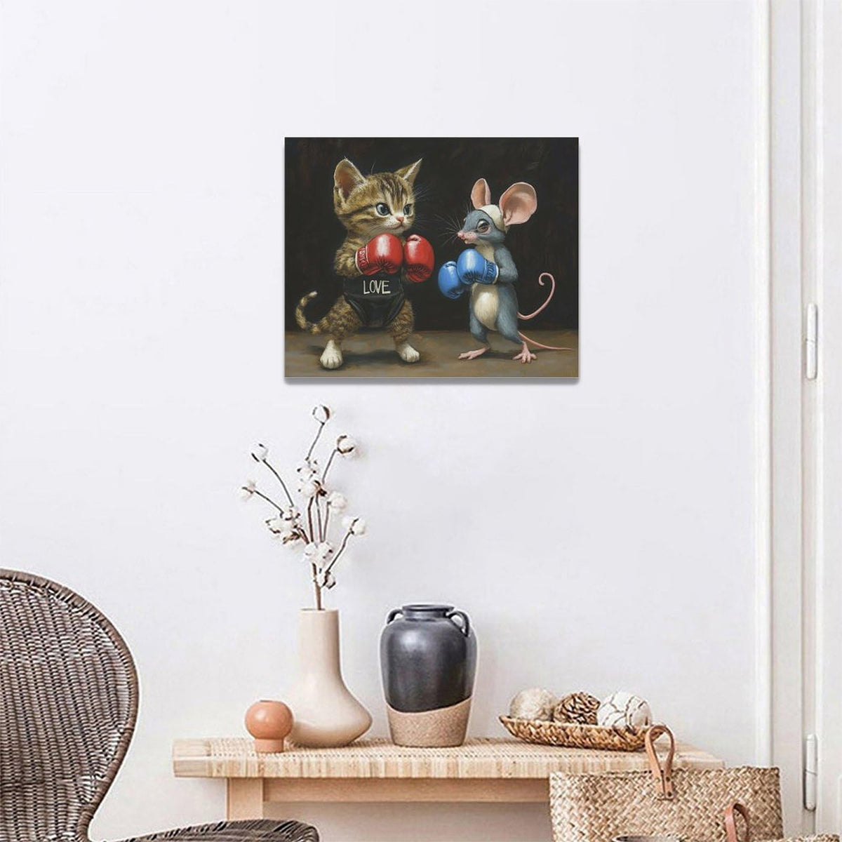 Cat And Mouse Wall Decor Funny Pictures Funny Cats Canvas Wall Art Painting Home Modern Artwork Decorations Framed for Living Room Bedroom Bathroom Office 20 x 16 inch (20L" x 16W" / Cat Mouse)