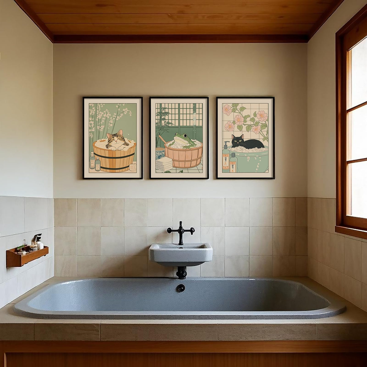 Japanese Wall Art Set of 3 Cute Frog Wall Decor Black Cat Canvas Wall Art for Living Room Japanese Posters Frog Funny Bathroom Decor Zen Style Cat Painting 12x16 Inch Unframed (16L" x 12W" Unframed / Bathroom)