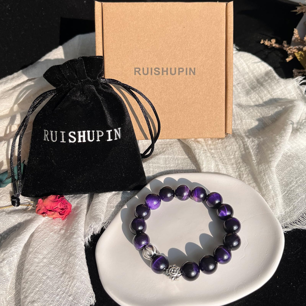 Natural obsidian bracelet (Purple Tiger Eye + 925 Silver(12mm)-1 Pcs)