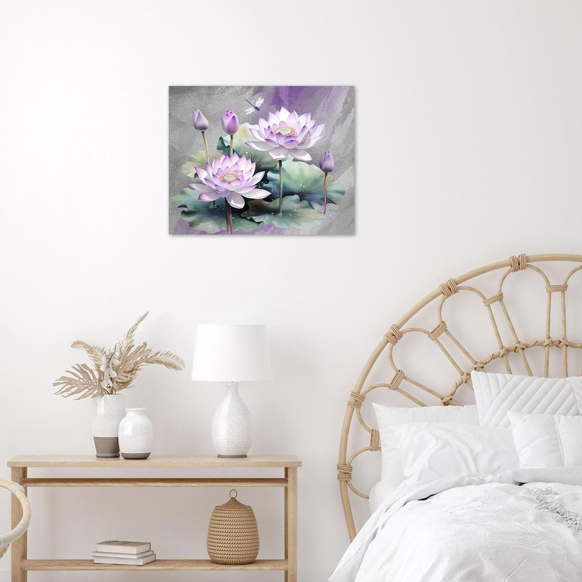 Zen Floral Canvas Wall Art Purple Water Lily Flower with Green Leaf Plant and Dragonfly Wall Art for Living Room (Purple / 16"L x 24"W)