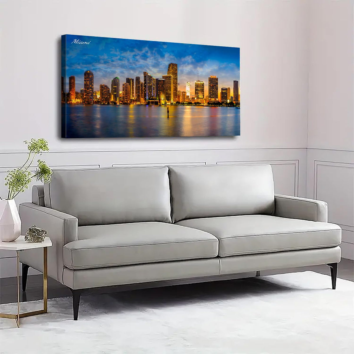 Miami Wall Art City Skyline Picture Prints Modern Office Home Decor Cityscape Painting Skyscrapers Night View Canvas Picture USA Florida Landscape Canvas Poster Artwork Living Room Decorations 20x40” (40"L x 20"W / Miami)