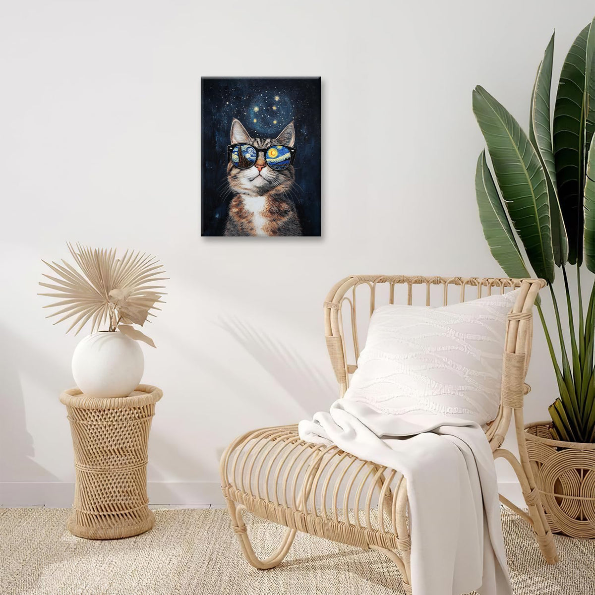 Funny Cat Wall Art Cute Cat Bathroom Canvas Wall Decor Starry Night Glasses Pictures Paintings Prints Artwork Framed Decorations For Bedroom Living Room Gifts 16" x 20" (Vangogh Cat / 20"L x 16"W)