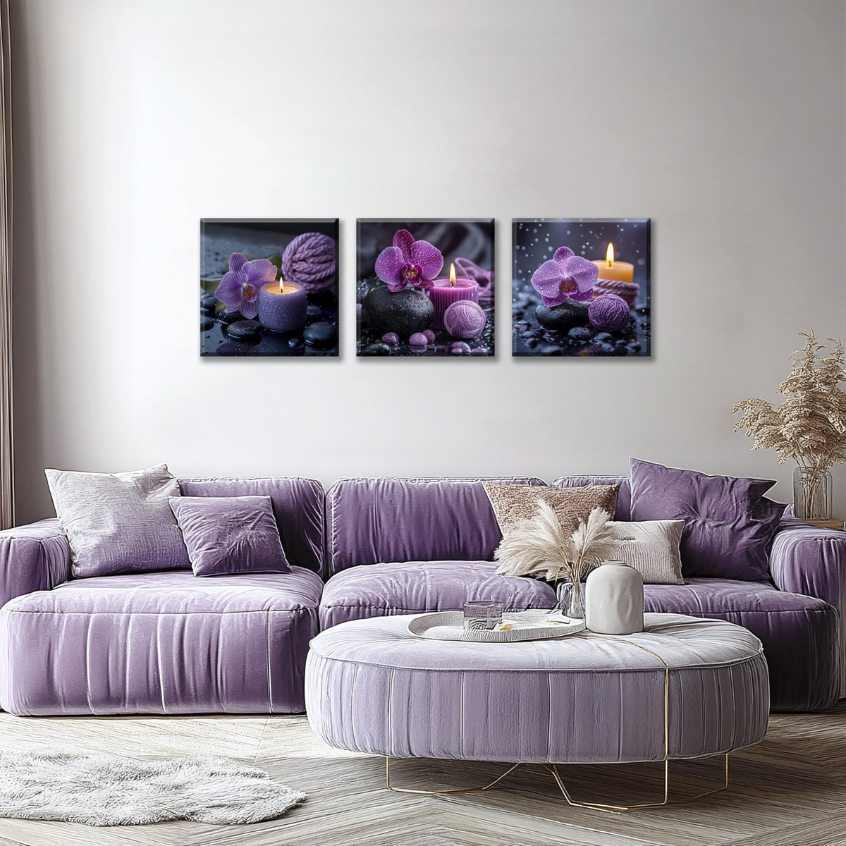 3PCS Purple Orchid Candle Canvas Wall Art Zen Spa Decor Black Stones Water Droplets Relaxing Purple Aesthetic Tranquil Meditation Artwork for Bedrooms Living Rooms Bathrooms Wellness Spaces (20X20inchX3pcs / Purple Orchid Candle)