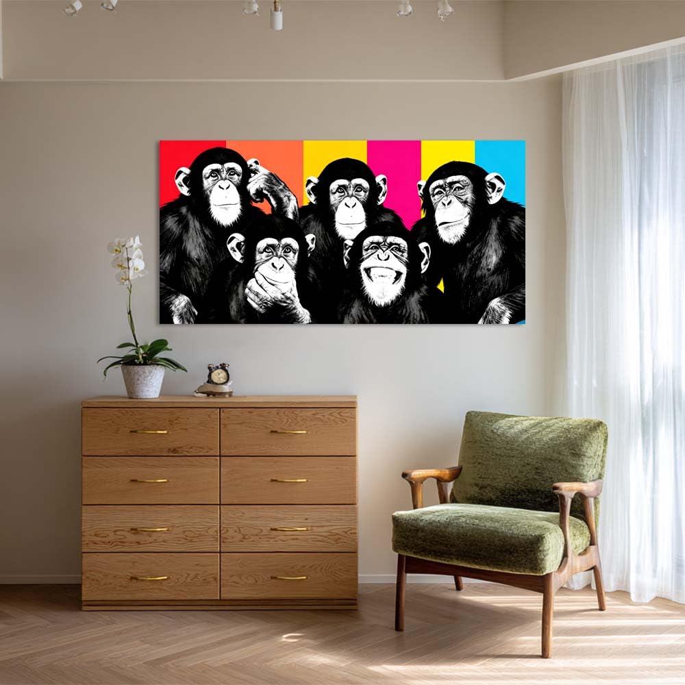 Colorful Pop Art Monkey Canvas Wall Art Funny Chimpanzee Animal Painting Print Gallery Wrapped Humorous Street Art Artwork for Living Room Bathroom Bedroom Decor (Wildlife / Black Monkeys 2 / 58"L x 28"W)