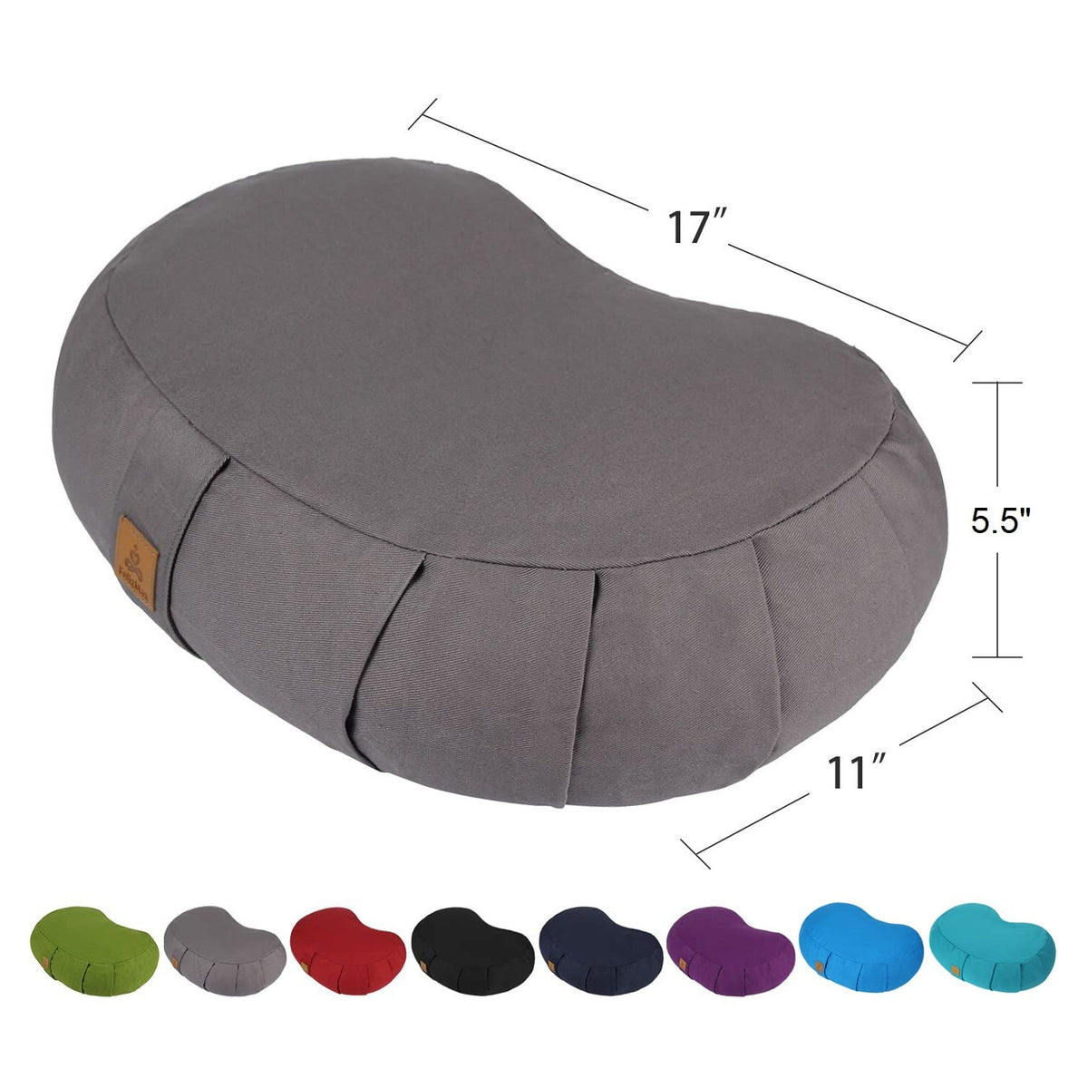 Crescent Zafu Meditation Pillow D=17" W=11" H=5.5" Zabuton Yoga Bolster Meditation Cushion Floor Pouf Yoga Pillow Zippered Organic Cotton Cover Natural Buckwheat Kneeling Pillow Large (Grey)