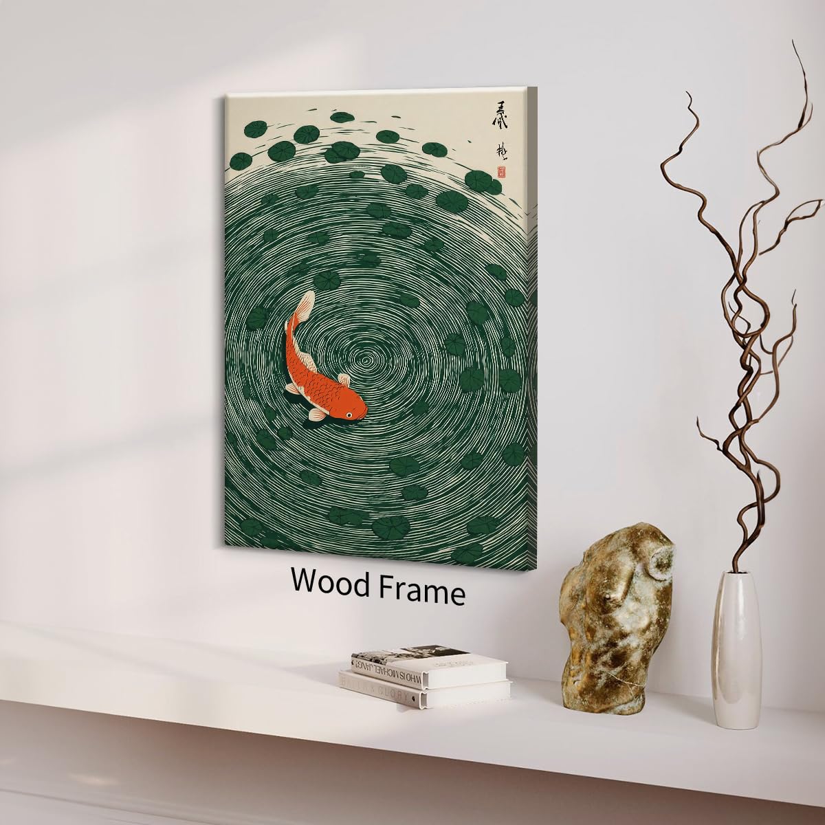 Japanese Koi Fish Framed Poster Oriental Asian Lucky Carp Canvas Wall Art 16x20 inch Retro Japan Room Aesthetic Print Minimal Green Painting for Zen Water Living Room Office Decor Ready to hang (Wrapped Canvas / Japanese Koi Fish / 20"L x 16"W)