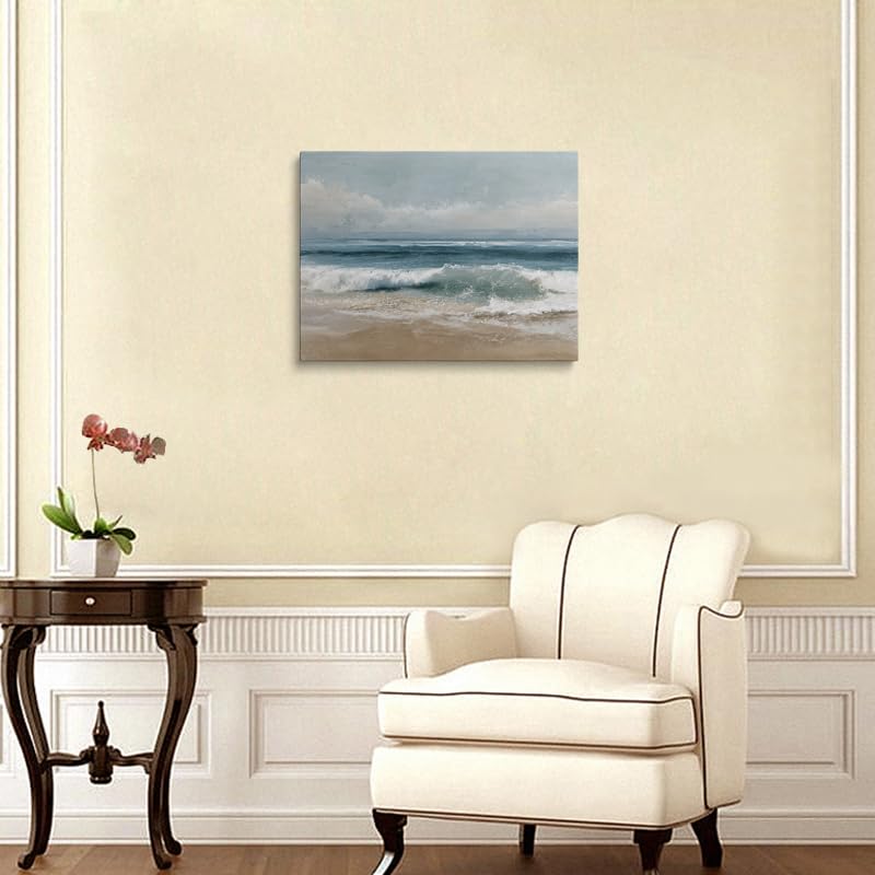 Calming Beach Seascape Canvas Wall Art Framed Serene Painting Ocean Waves Blue Teal Green Layers Sandy Shore Soft Horizon Coastal Wall Decor Artwork Print Poster 16x24 Inches (sea / 24"L x 16"W)