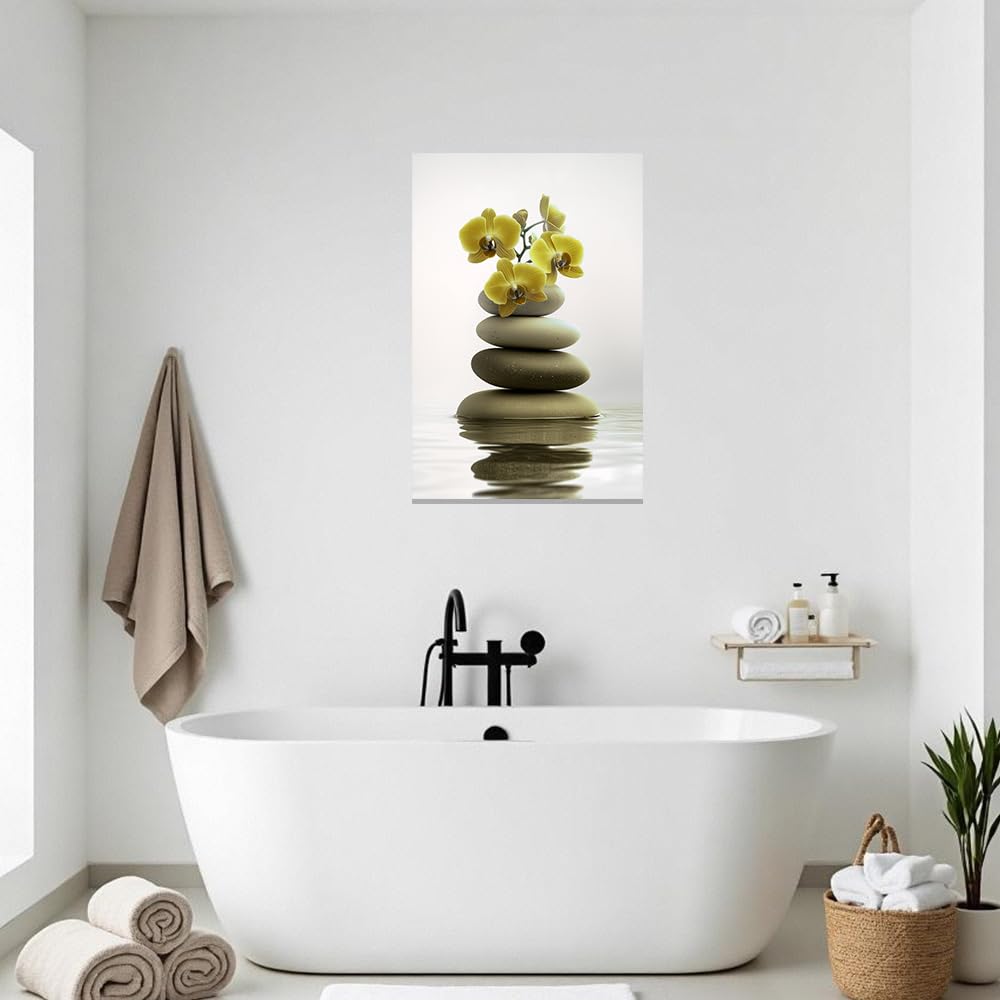 Zen Wall Art Stones Picture Orchid Canvas Painting Yellow Zen Water Prints Spa Bathroom Decor Meditation Yoga Room Office Home Framed (Yellow / 16" x 24")