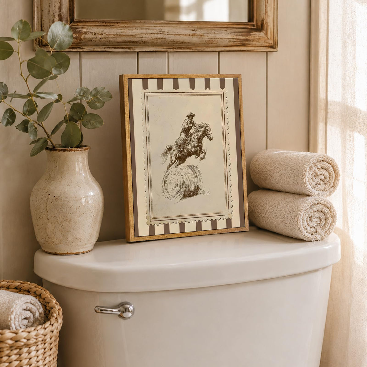 Framed Vintage Western Bathroom Wall Art (Cowboy on horseback / 8"L x 10"W)