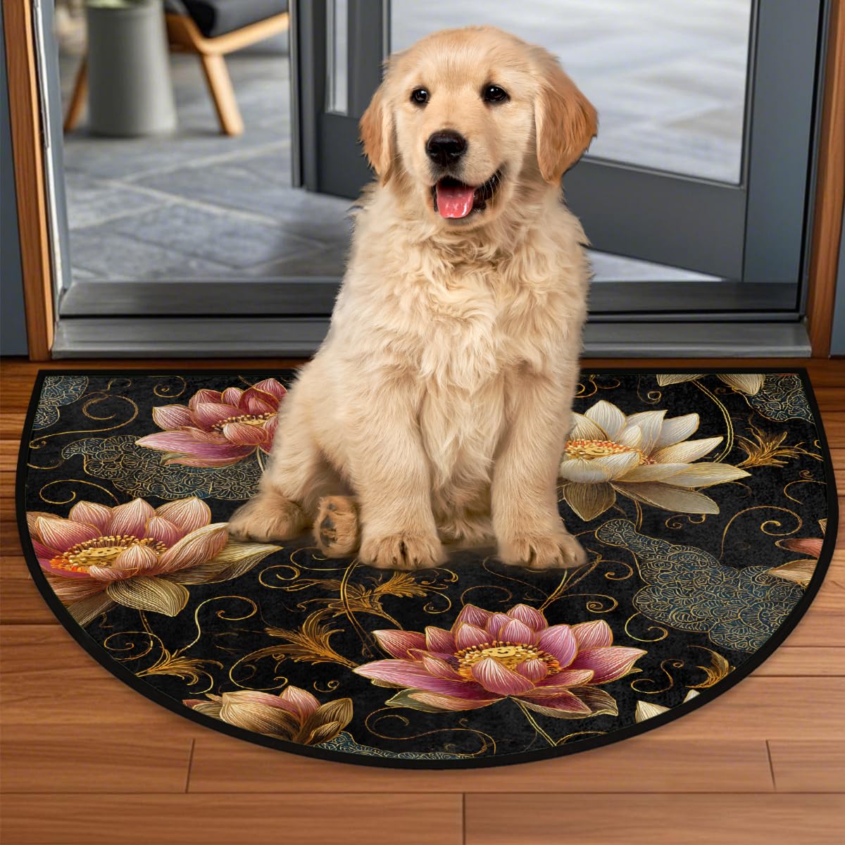 Ethnic Lotus Half Round Rug Half Moon Door Mat Half Circle Rugs (B-color 5)