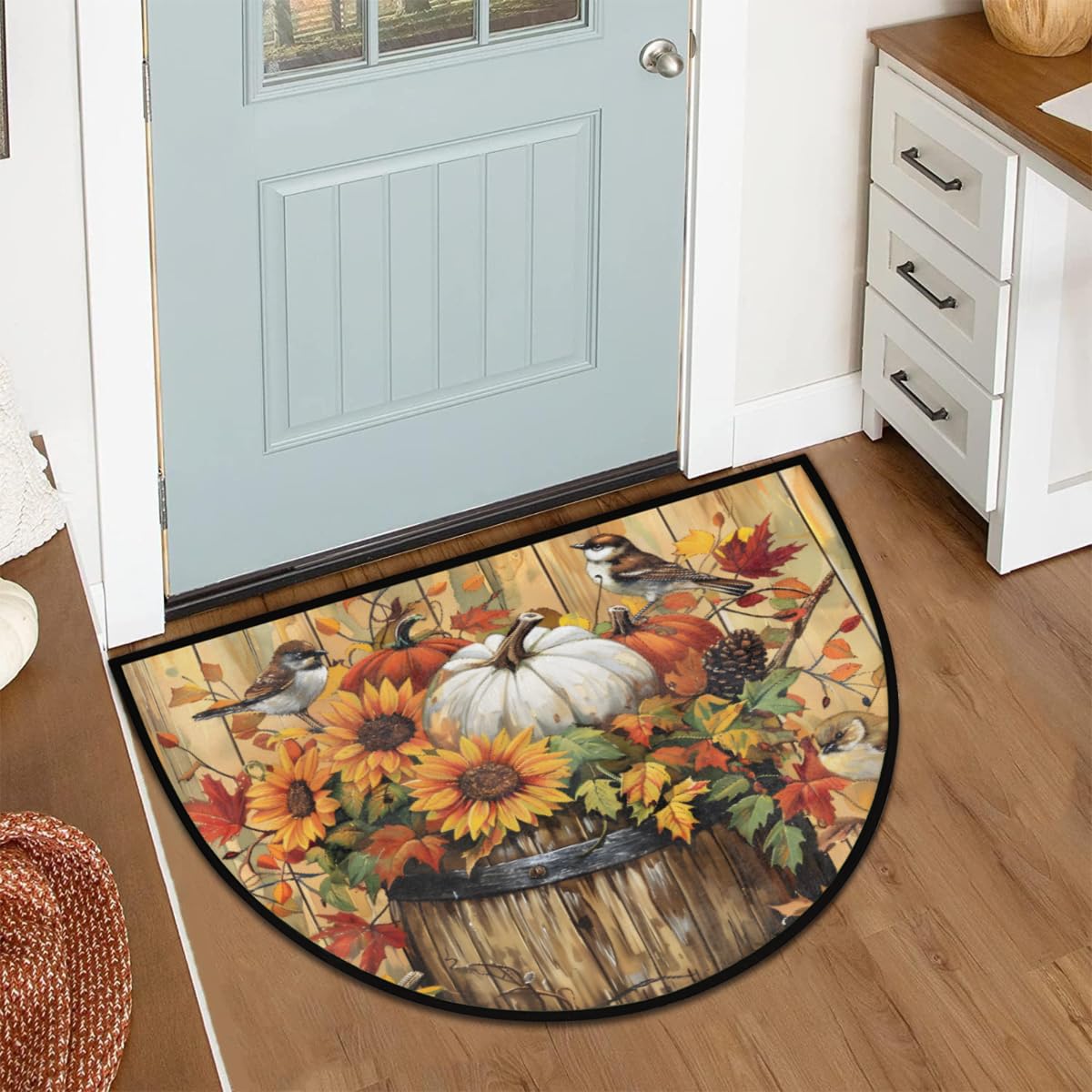 Autumn Bird Half Round Door Mat Indoor Entrance Semi Circle Area Rugs (E Retro Wooden Fall Bird)