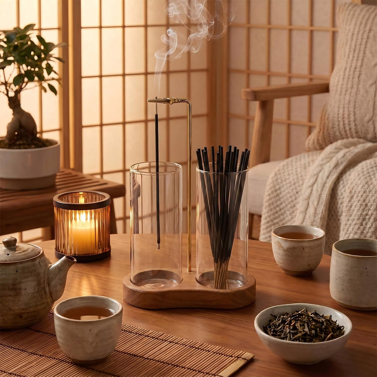 Incense Holder for Sticks with Glass Ash Catcher (Upgrade tall cup)