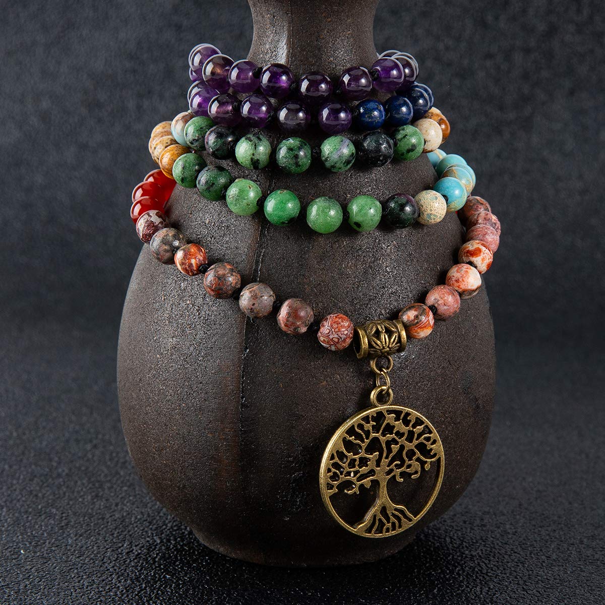7 Chakra 108 Mala Beads Bracelet Real Gemstone Yoga Meditation Hand Knotted Mala Prayer Bead Necklace (6mm / beaded, traditional, 7-chakra, tree of life)