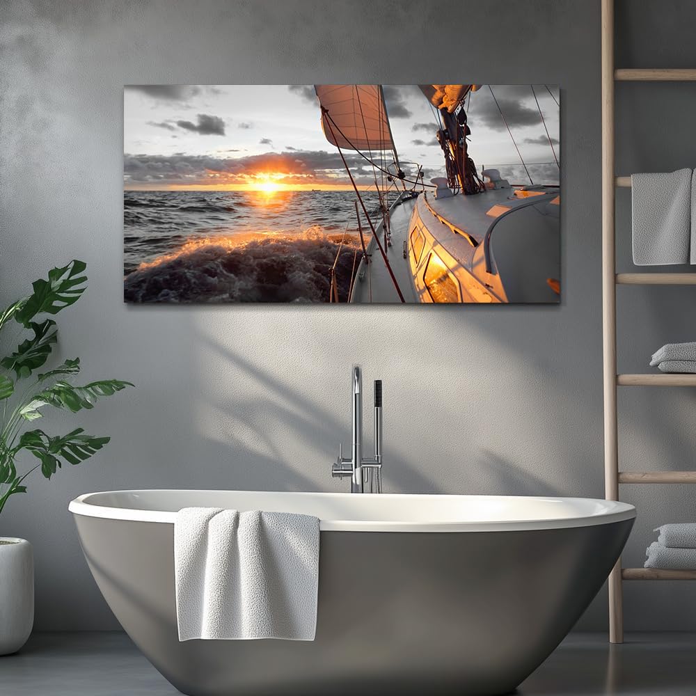 Black and White Sunset Beach Wall Art Boat Coastal Pictures Living Room Wall Art Bedroom Ocean Painting Sailboat Canvas Prints Sailing Poster Office Artwork Framed Home Bathroom Decor (AboaS / 40"L x 20"W)