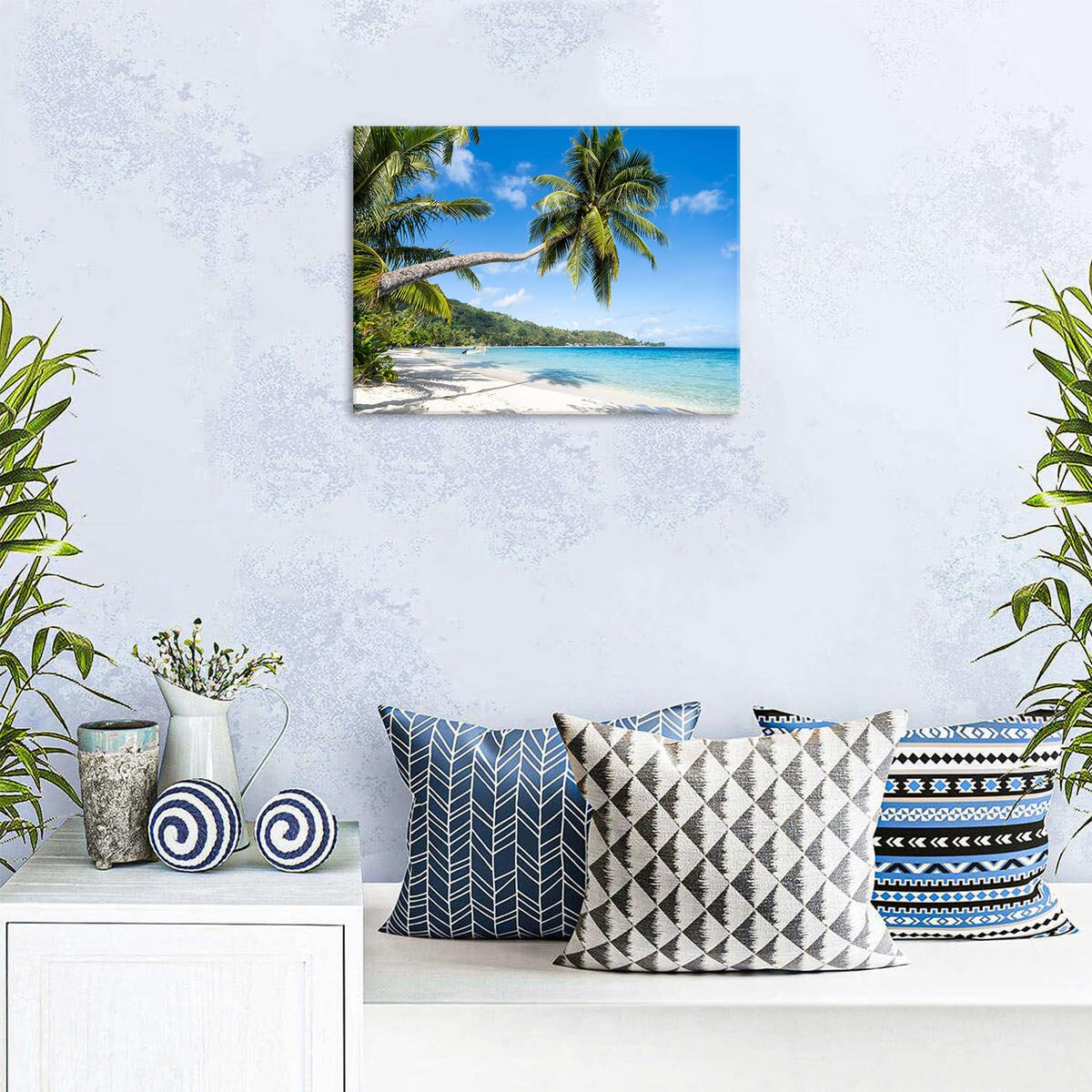 Beach Wall Art Palm Tree Ocean Bathroom Wall Decor Tropical Coconut Palms Natural Landscape Photography Picture Coastal Seascape Canvas Poster Photo Artwork Living Room Bedroom Wall Decoration 12x16in (16"L x 12"W / Seascape)