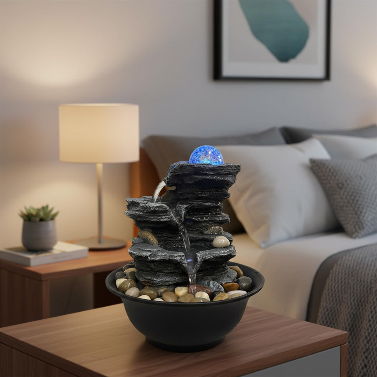Tabletop Water Fountain Indoor Waterfalls Fountains with Colored LED Light (C)