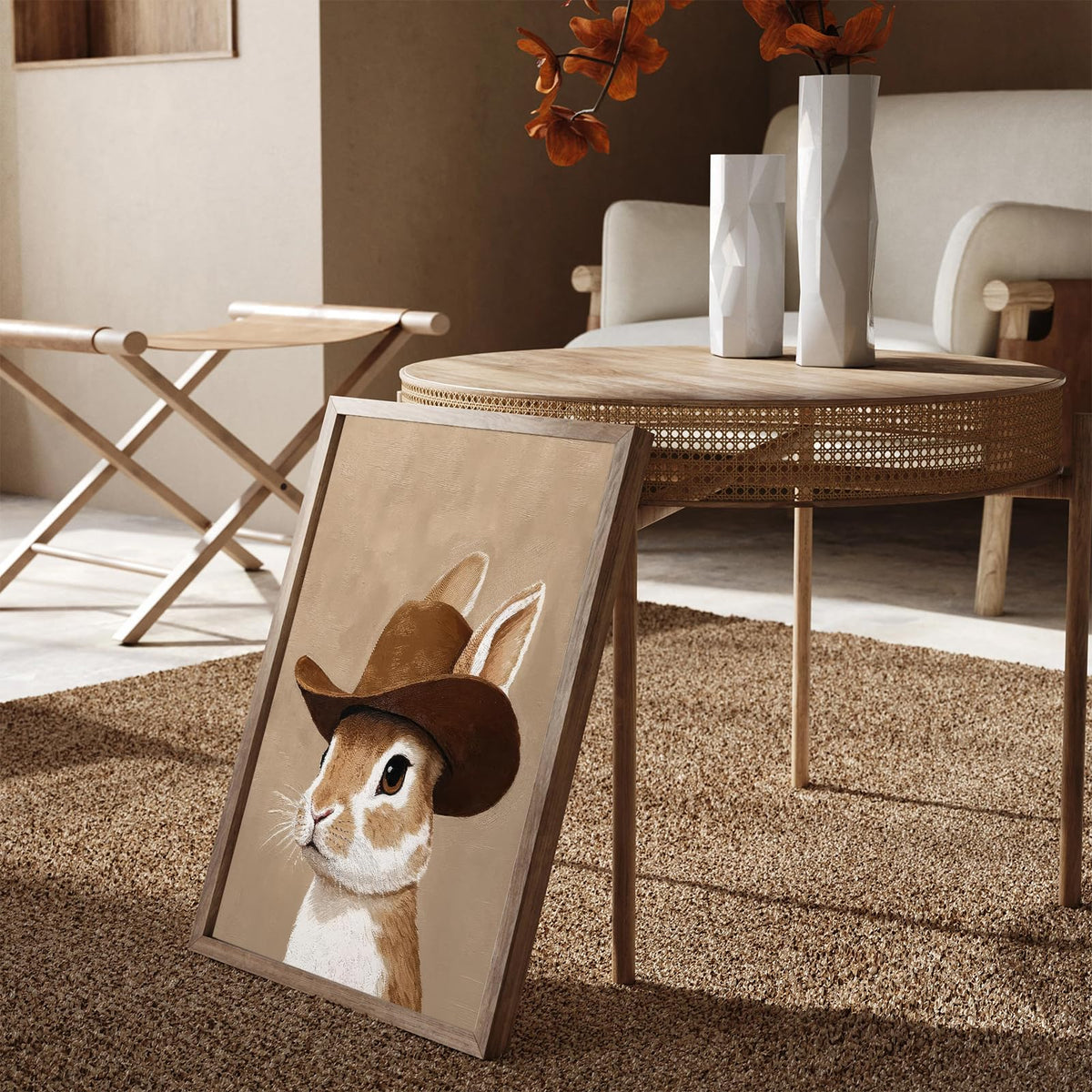 Bunny cowboy canvas wall art Brown western wall decor picture western nursery Poster Print Bunny Neutral Animal Painting Artwork for bathroom bedroom home decoration (Cowboy Bunny / 24"L x 16"W)