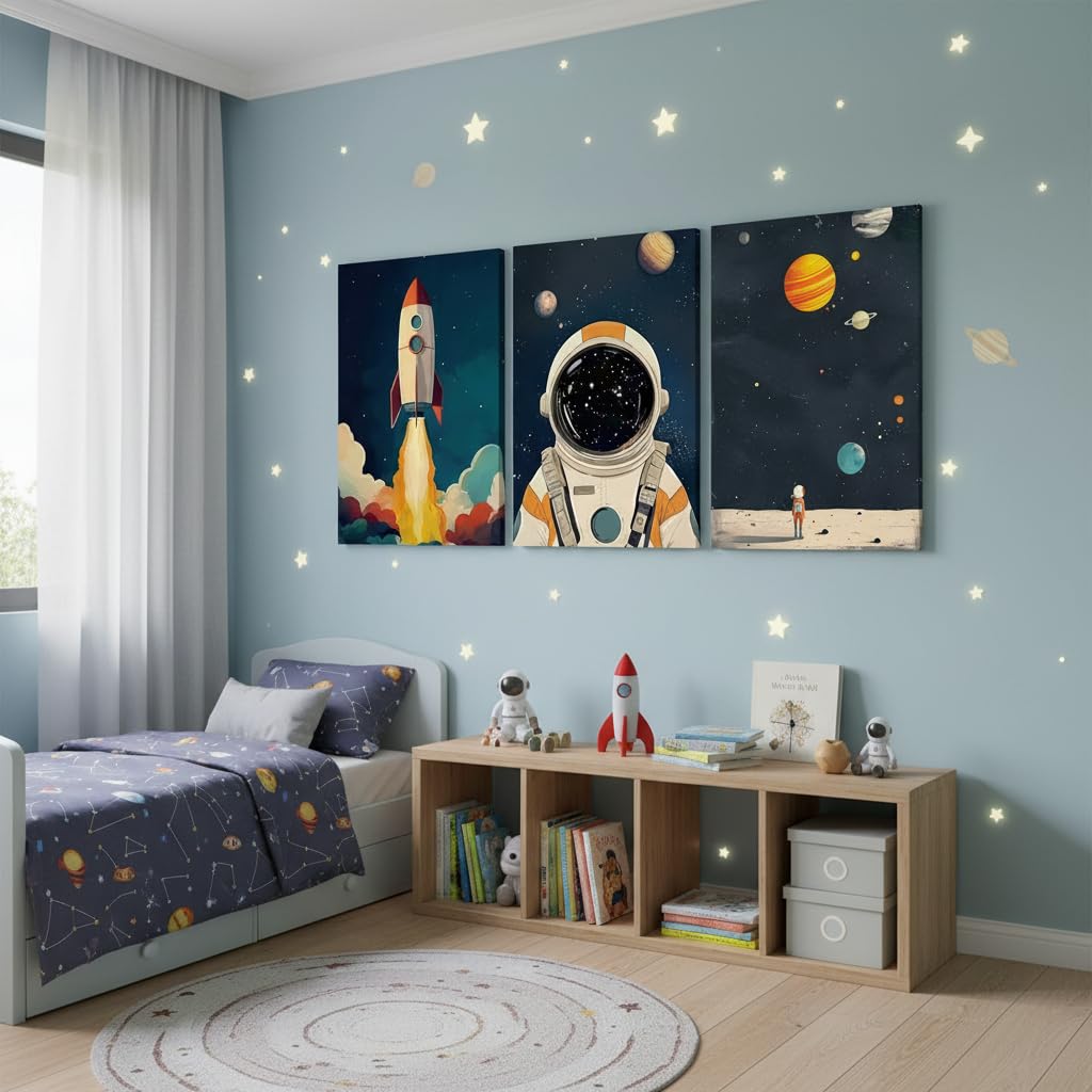 3 Pcs Outer Space Canvas Wall Art (Astronaut / 16"L x 12"W)