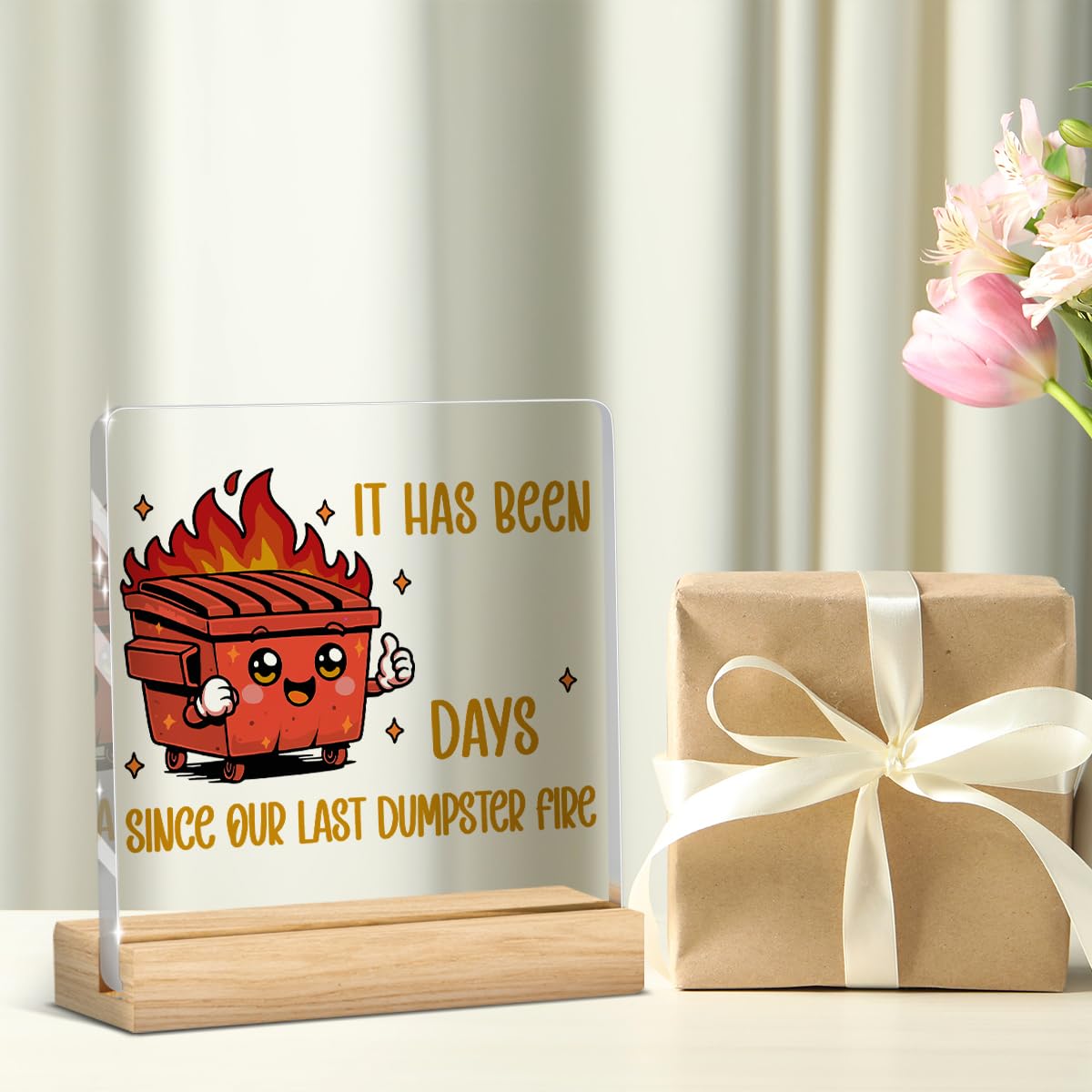 Dumpster Fire Desk Accessories Funny Office Decor Red Accessories Funny Office Gifts It Has Been Days DIY Acrylic Sign for Home Bedroom Living Room (Red It Has Been Days Since Our Last Dumpster Fire / Wooden base acrylic with a pen)