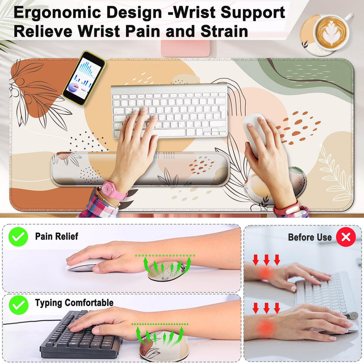 4 in 1 Mouse Pad and Keyboard Wrist Rest (B6-boho Leaves)