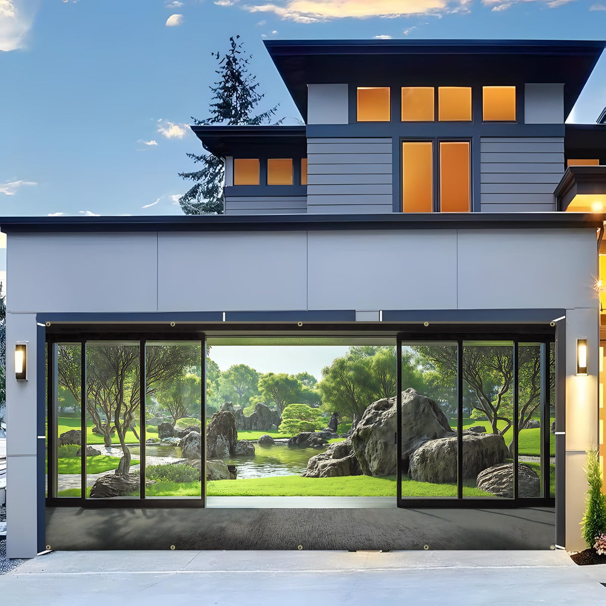 Garage door banner cover Garden Scene Backdrop Garage Door Decoration (Japanese Zen Garden)