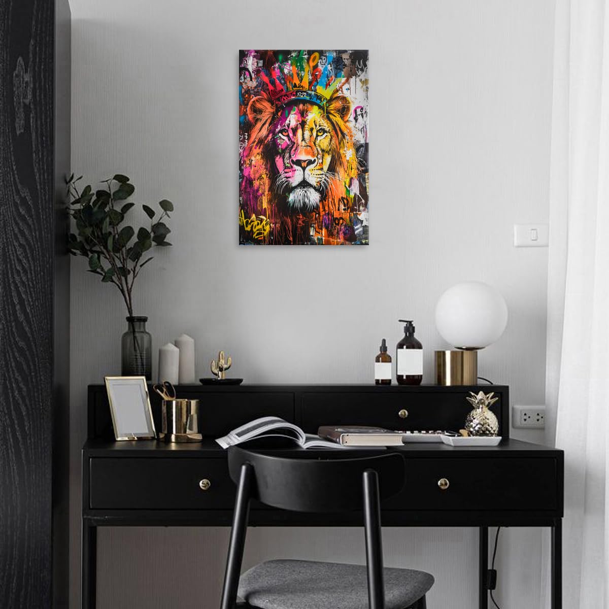 Lion Wall Decor Colorful Graffiti Wildlife Picture Wall Decor for Living Room Bathroom Gym Modern Framed Canvas Artwork Africa Lion Portrait Poster Print Wild Animal Painting Home Decorations 16x24 (24"L x 16"W / Graffiti Lion)