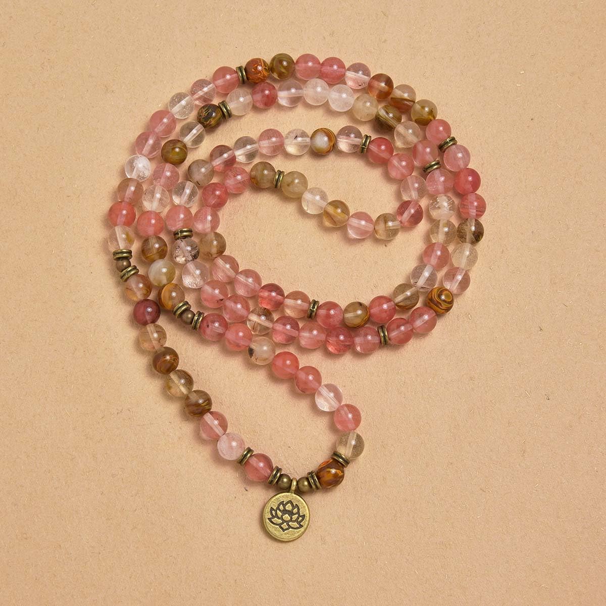 108 Natural Stone Mala Beads Yoga Bracelet with Lotus Charm (Watermelon Tourmaline)