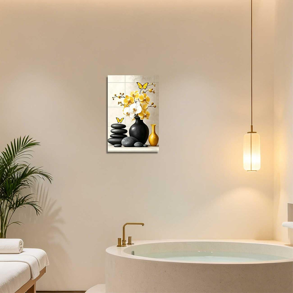 Orchid Flower Canvas Wall Art Zen Bathroom Pictures Prints Spa Stone Butterfly Wall Decor Black White Yoga Meditation Paintings for Living Room Bedroom (Yellow / 30"L x 20"W)