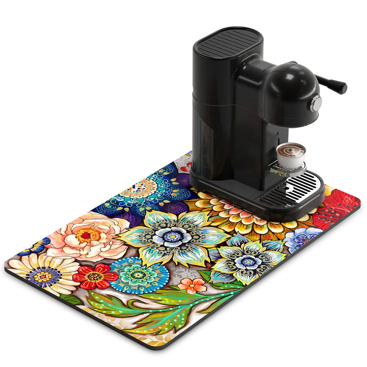 Coffee Mat 12" x 19" Cute Flower Theme Coffee Bar Mats for Espresso Machine Station Accessories and Organizer (Colorful Mandala / 12" x 19")