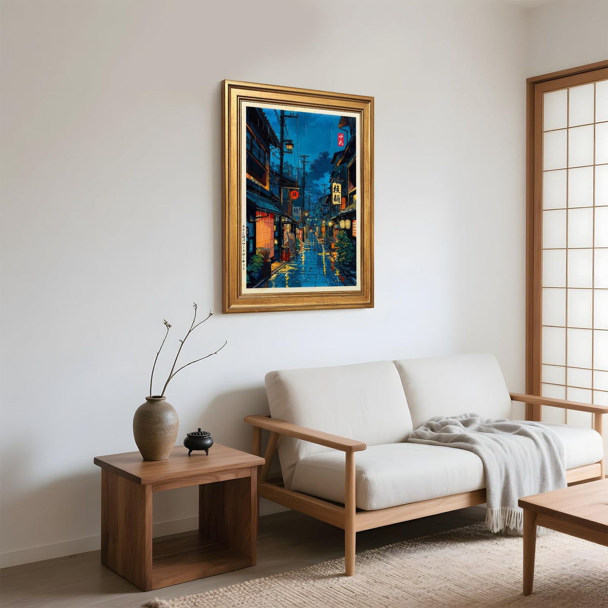 Japanese Tokyo Tea House Wall Art Poster Kyoto Night Street Art Canvas Print Retro Japan Illustration Wall Decor Vintage Urban Street Scene for Bedroom Living Room Aesthetic 8x10inch Vintage Framed (8"L x 10"W / style-1 Vintage Framed)