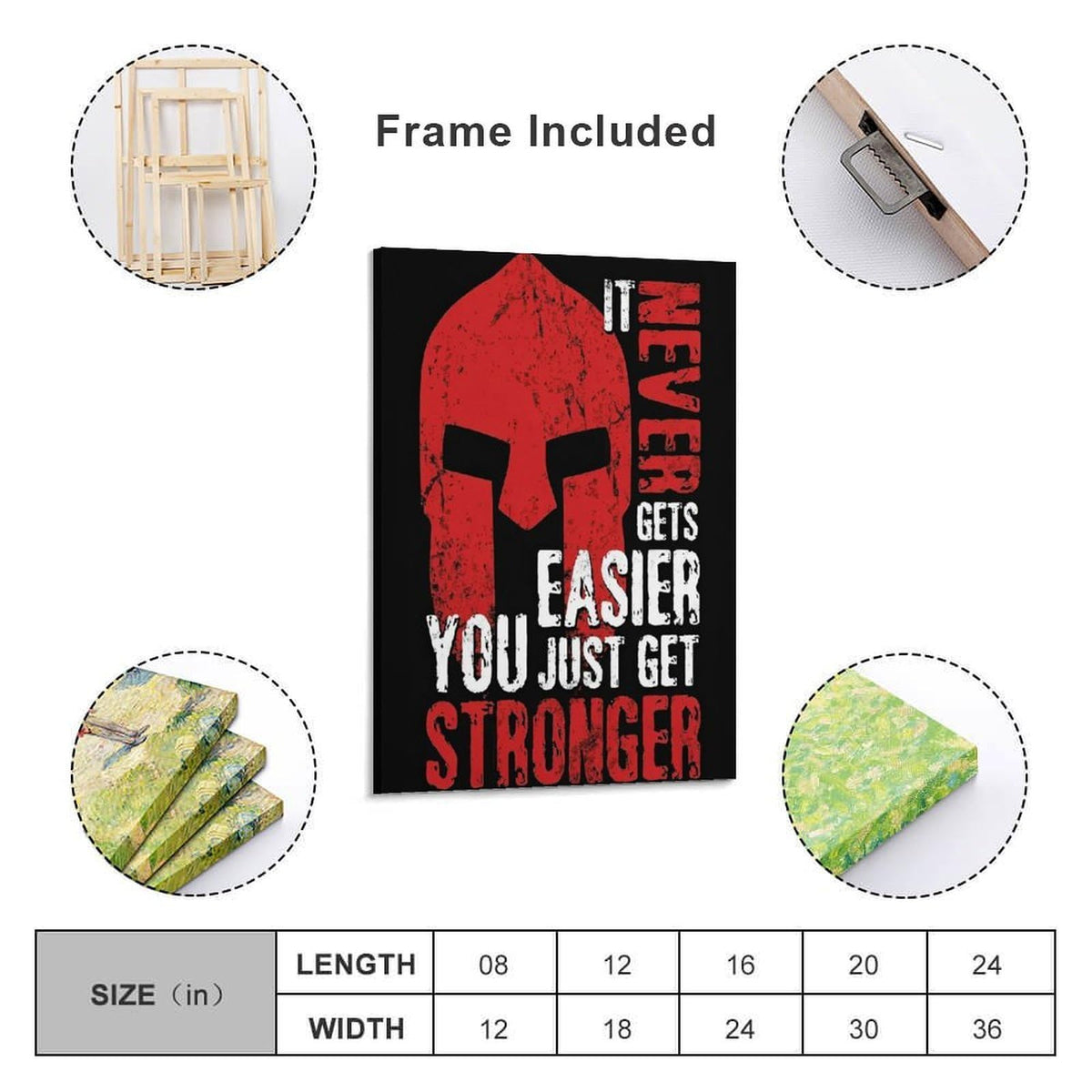 Spartan Warrior It Never Gets Easier You Just Get Stronger Canvas Printing Wall Art Prints Wall Decor Posters Red Black Typography Motivational Gym Bedroom Office Living Room Decor 08x12inch (style-14 / 08x12inch(20x30cm) Frame)