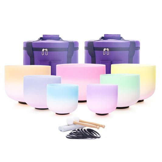 432hz Crystal Singing Bowl Set of 7PCS Rainbow Gradient Sound Bowls (7-12inch 432hz Double Color 7pcs)