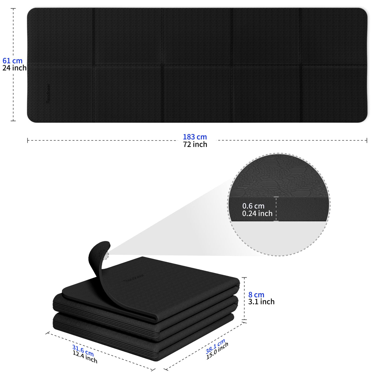 Foldable Yoga Mat for Travel Folding Yoga Mat 6mm Thick with Carrying Bag (Black)
