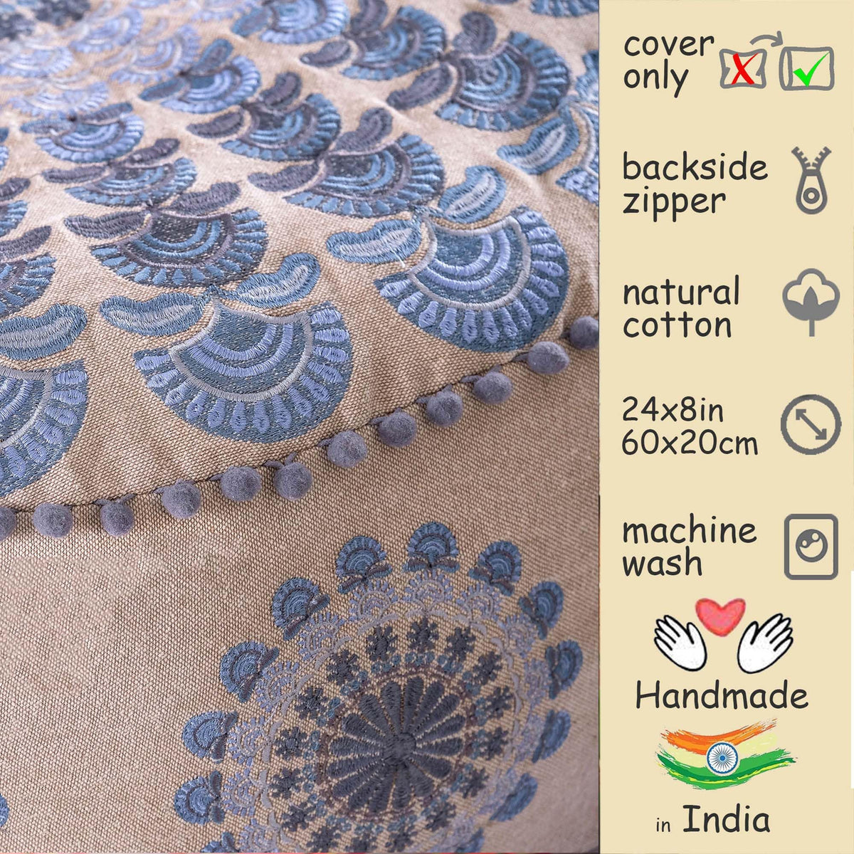 Large Round Floor Pillow Cover Blue Indian Decorative Accent Meditation Cushion (Pouf Cover / Blue Peacock)