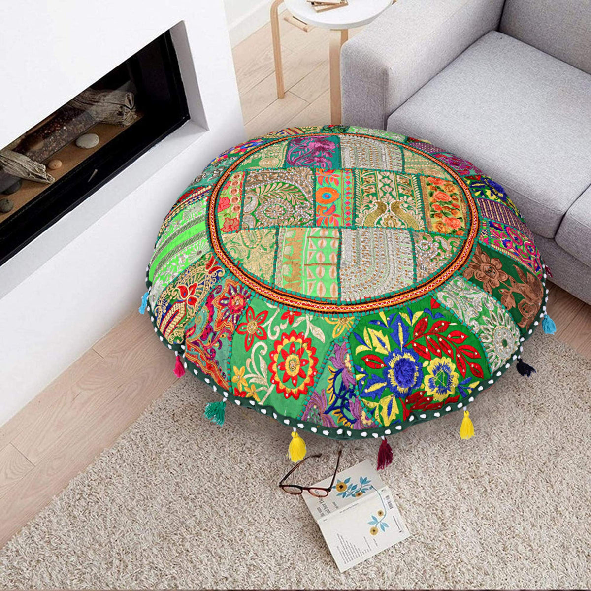 Rajasthani Handmade Colorful Decorative Floor Pillow Cover Meditation Patchwork Patchwork Cushion Seating Accent Boho Chic Indian Handmade Cover ONLY (Green)