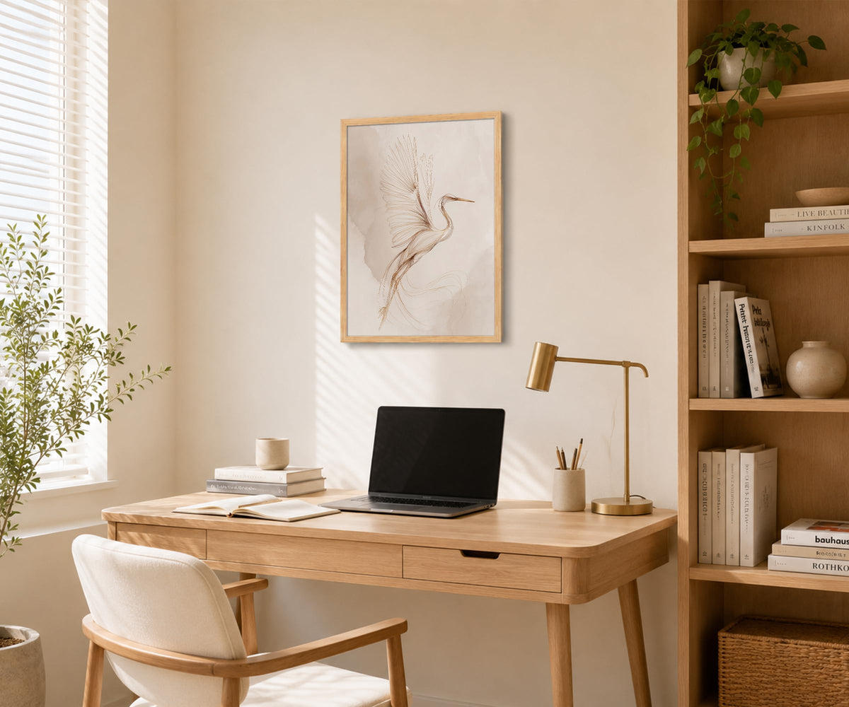 Framed Modern Minimalist Japandi Heron Line Art Canvas Wall Art (Beige, Cream, Warm White, Terracotta Brown / 16"L x 24"W)