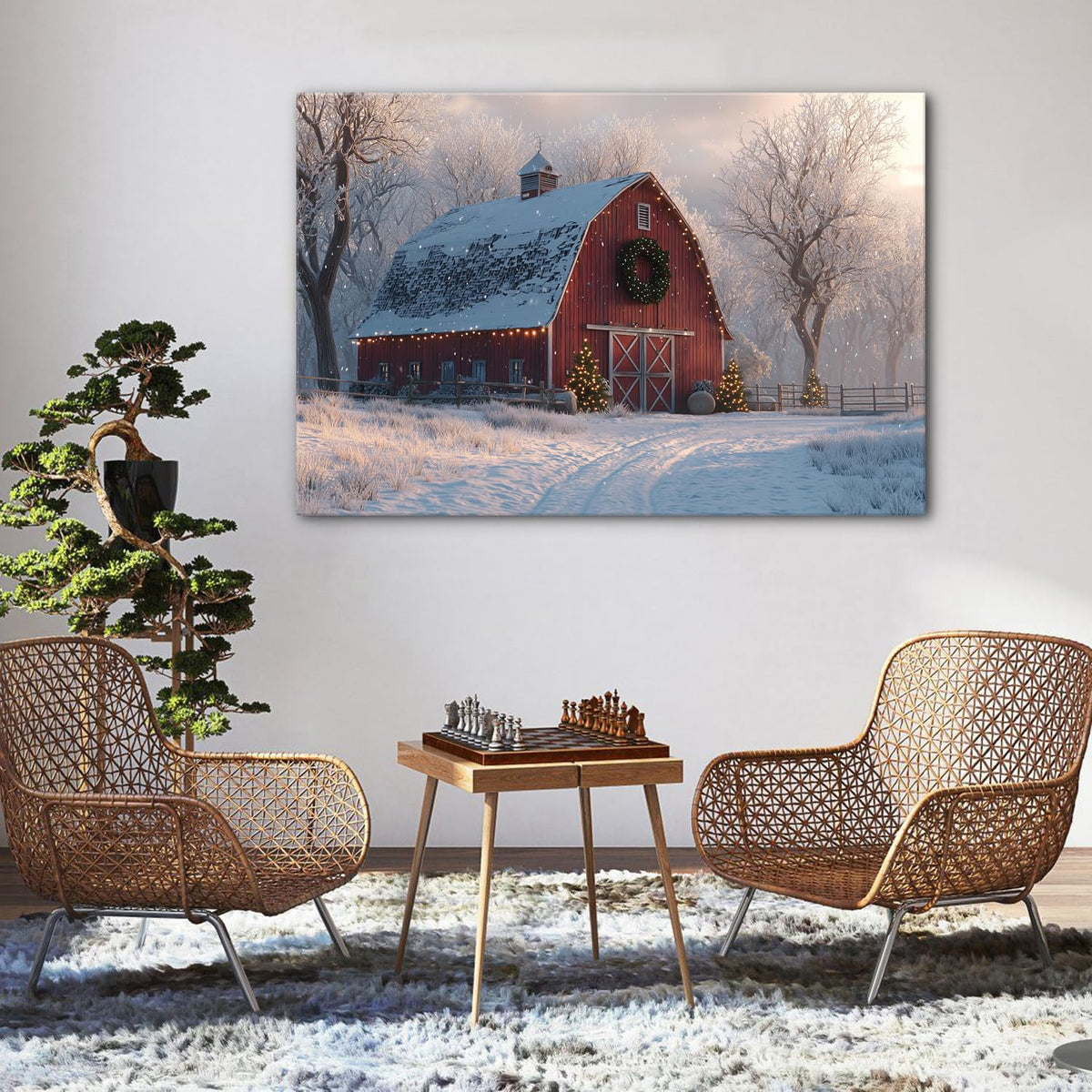 Christmas Barn Wall Art Vintage Farmhouse Canvas Wall Decor Christmas Tree Poster Prints Rustic Winter Snowy Scenic Pictures Country Painting Artwork for Living Room Bedroom Home Decorations 32x48" (48"L x 32"W / Xmas Barn)
