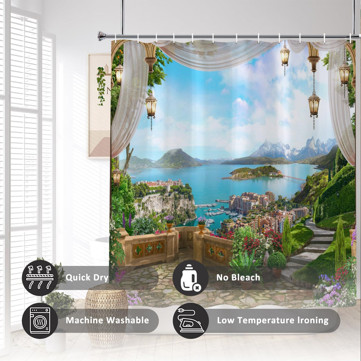 60x72inch Spring Landscape Shower Curtain Vintage Mural Balcony Scenery Bathroom Curtain Bathtubs Decorations 3D Printed Mountain River Natural Scenery Waterproof Fabric Decor with Hooks (60"W x 72"L (Pack of 1) / Green05)