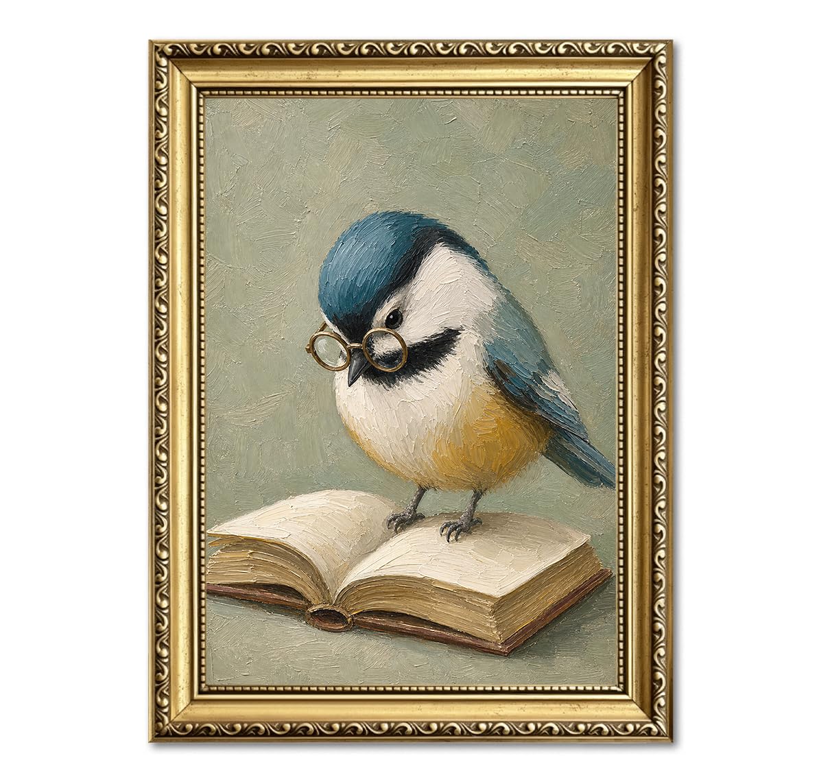Vintage Blue Bird Reading Wall Art Cute Bird Book Lover Wall Decor Picture Whimsical Animal Poster Canvas Painting Print for Library Living Room Bedroom 12x16 in Gold Framed (Animal-DD / 16"L x 12"W)