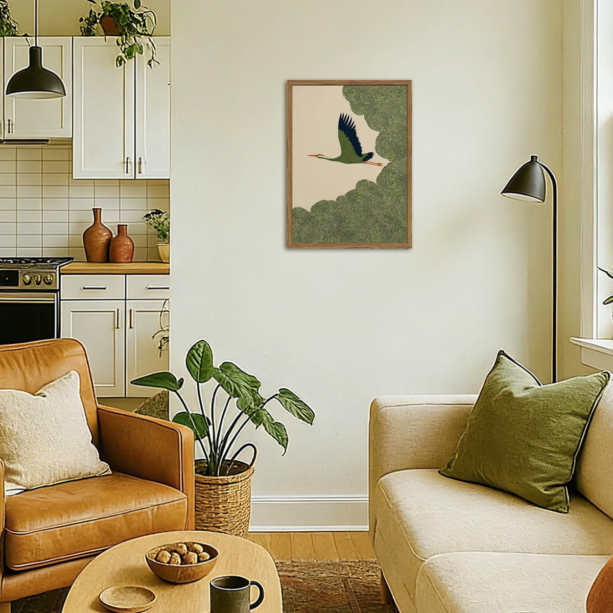 Framed Japanese Flying Crane Wall Art (Green Bird / 16"L x 12"W)