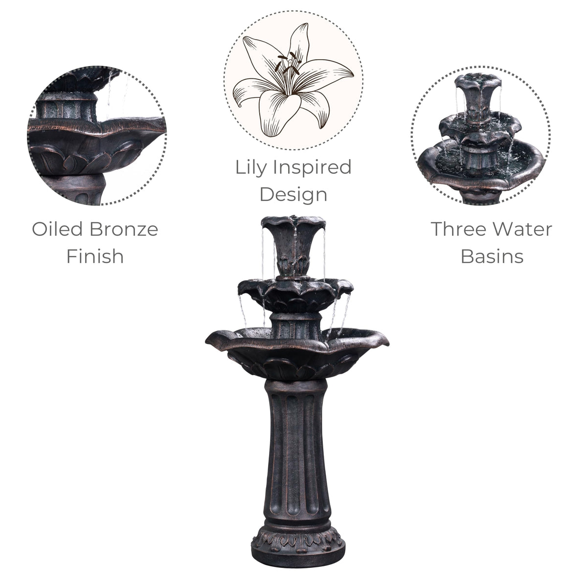Lily Flower Floor Pedestal 3 Tiered Floor Waterfall Fountain with Pump for Outdoor Patio Garden Backyard Decking (38")